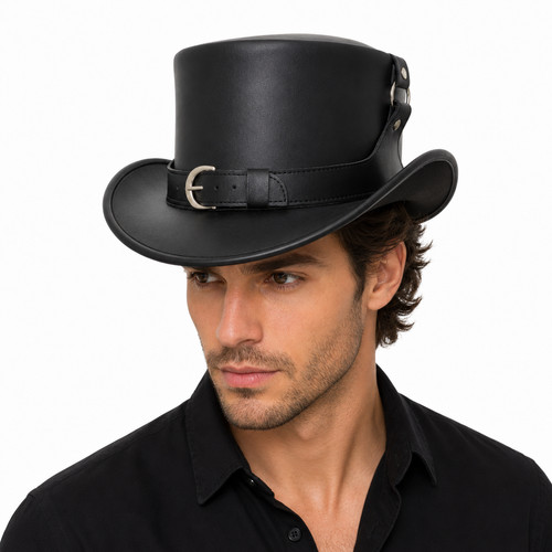 Men black leather - top, hat